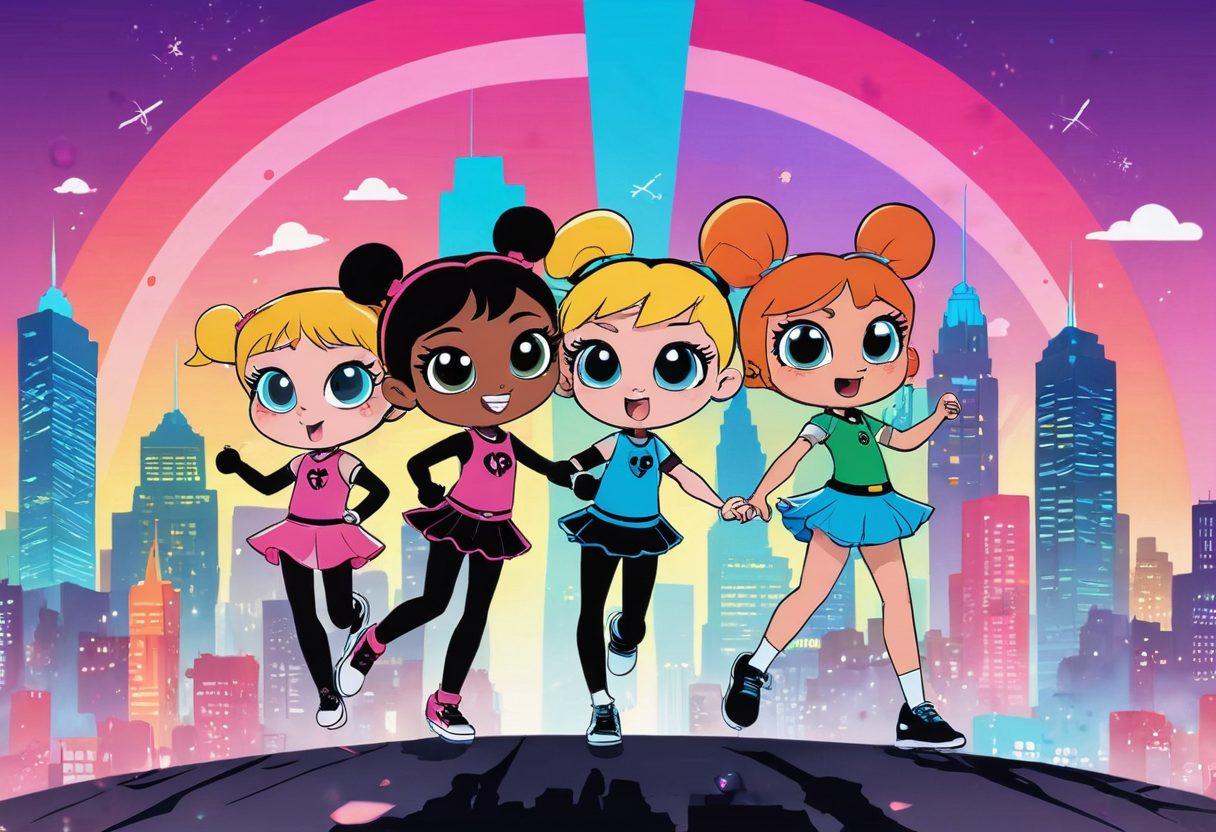 An animated scene featuring the three Powerpuff Girls in dynamic action poses, showcasing their unique powers against a bright, colorful city skyline. Integrate elements of childhood nostalgia, like toys and comic books, floating around them, symbolizing their impact. The background should be a vibrant rainbow burst, emphasizing empowerment and unity. Include subtle silhouettes of young girls inspired by them in the foreground, representing their influence on future generations. cartoon style. vibrant colors. dynamic composition.