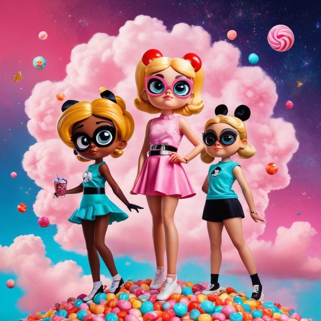 A vibrant collage showcasing the original Powerpuff Girls in their iconic poses, juxtaposed with modern empowered female figures inspired by them, surrounded by a whimsical, colorful backdrop of candy clouds and starry skies, symbolizing childhood nostalgia and empowerment. Include subtle elements representing the evolution of girl power through the decades. super-realistic. vibrant colors. playful composition.