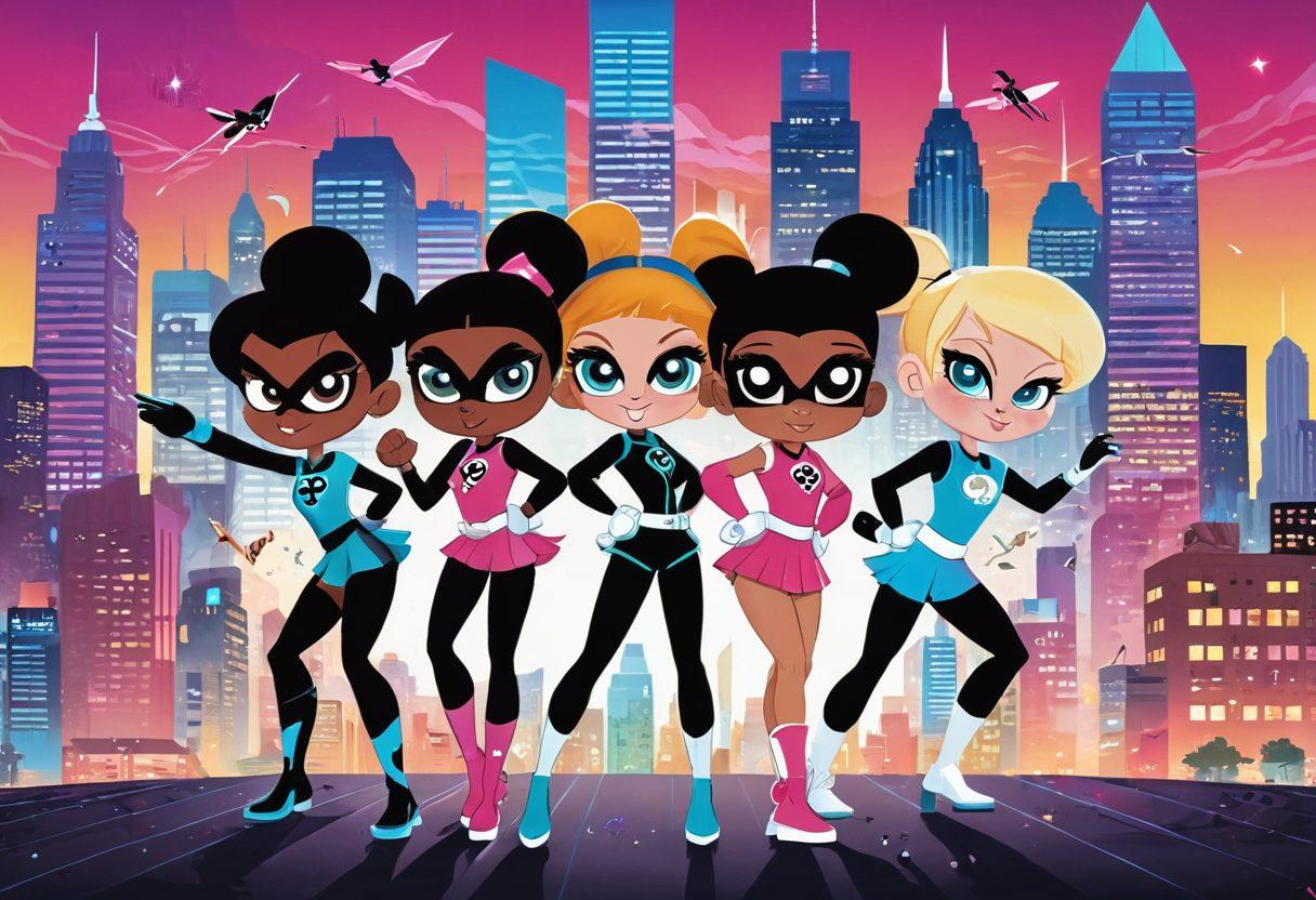 A vibrant illustration showcasing the iconic Powerpuff Girls in dynamic action poses, surrounded by diverse female superheroes inspired by them. The background features a colorful city skyline representing generations of empowerment. Incorporate elements of heroism, friendship, and unity, blending various art styles to symbolize influence across generations. super-realistic. vibrant colors. dynamic composition.
